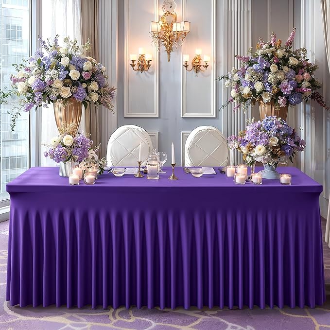 Wish Care 2 Pack Dark Purple Spandex Table Clothes for 8 Foot Rectangle Tables, 8FT Wrinkle Free Fitted Tablecloths Ruffles Design Table Cover for Party, Banquet, Wedding and Events