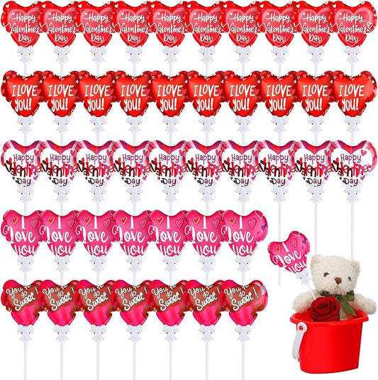 60 Pcs 4 Inch Valentine‘s Day I Love You Balloons Self Inflating Valentine Heart Automatic Inflatable Mini Foil Balloons on a Stick for Party Decor