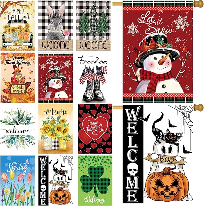 Seasonal Garden Flags Set of 12 Double Sided 28 x 40 Inch Yard Flags, Large House Flags for Outside, Fall Winter Halloween Christmas Outdoor Flags, Holiday Garden Flags for All Seasons
