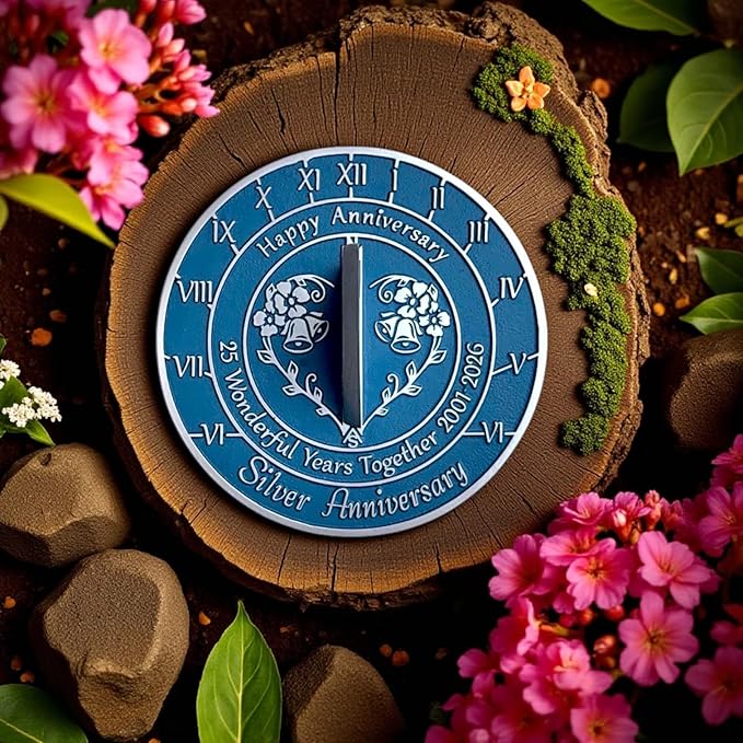 Anniversary Sundial Gift for 25th Silver Wedding Anniversary in 2026 - Recycled Metal Home Decor Or Garden Present Idea - Handmade in UK for Him, Her Parents Or Couples 25 Year Celebration