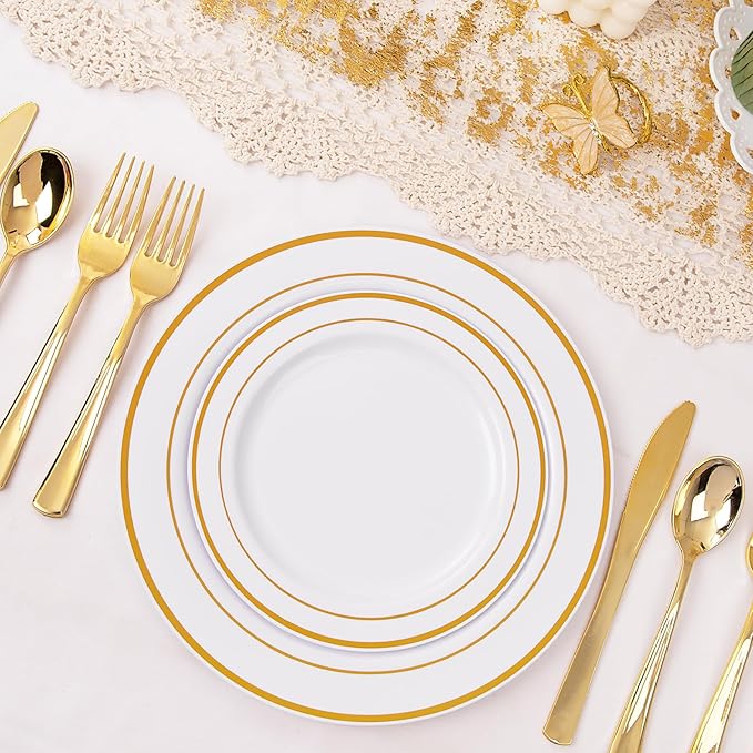 I00000 300 Pcs Gold Plastic Plates with Silverware, White and Gold Plastic Dinnerware Set for Party include: 60Dinner Plate 10.25", 60Dessert Plate 7.5", 60 Silverware Sets for Wedding & Party