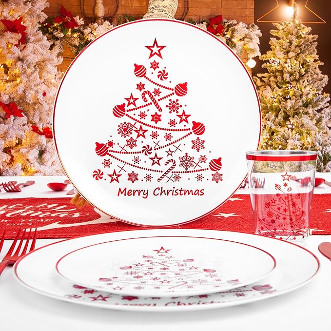 Supernal 150pcs Christmas Plastic Dinnerware Include Red Plastic Plates, Disposalbe Cups,Christmas Party Supplies,Red Plastic Silverware for Christmas Party and New Year