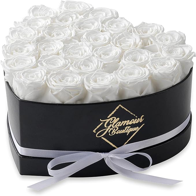 GLAMOUR BOUTIQUE 27 Flower Forever Heart Shape Box, Eternal Preserved Roses Gift for Her, Lasting Flowers, Premium Floral Heart Box for Birthday, Anniversary or Valentine’s Day, White (Color-Treated)
