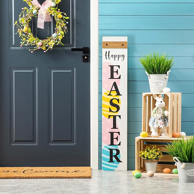 Glitzhome Wooden Happy Easter Sign for Front Porch Door Rustic Farmhouse Style Hanging Welcome Porch Sign with Colored Eggs Primitive Outdoor Sign, 42"H