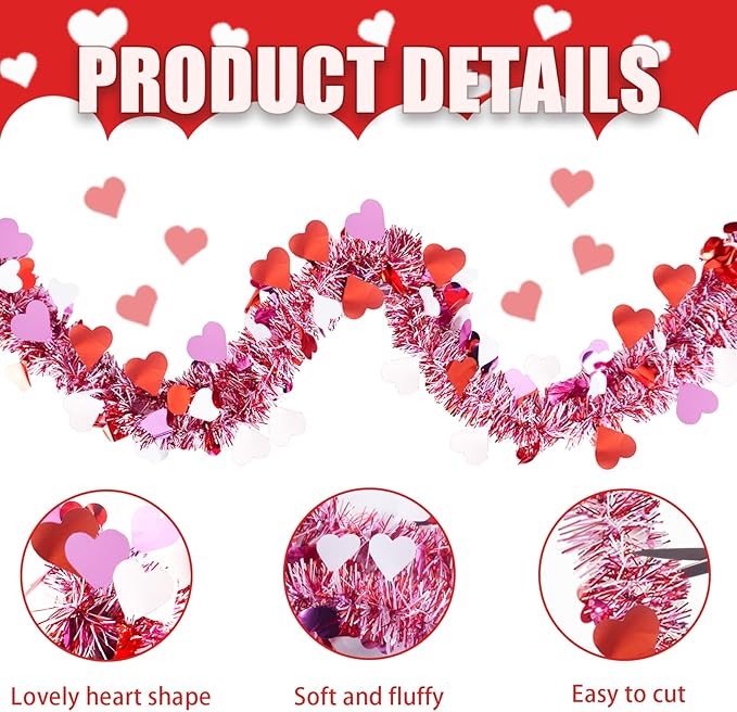196 FT Valentines Heart Tinsel Garland, Valentine's Day Red Pink White Metallic Twist Garland for Home Wedding Party Hanging Decorations