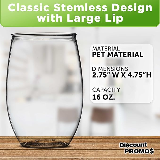 Custom Plastic Stemless Wine Glasses 16 oz. Set of 10, Personalized Bulk Pack - BPA Free, Great for Outdoor Lounges, Poolside, Parties and Other Events - Clear