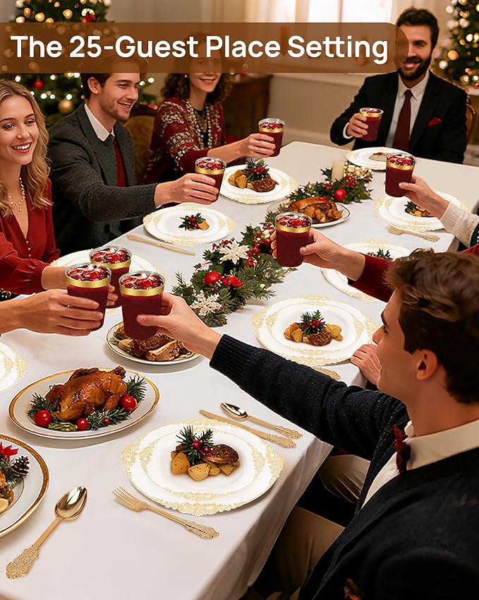 Feagar 175PCS Disposable Plates Set for 25 - Elegant Gold Dinnerware for Party, Wedding, Holiday & Birthday, Includes Dinner & Dessert Plates, Cutlery, Cups, Napkins, Tablecloth & Balloon Decor