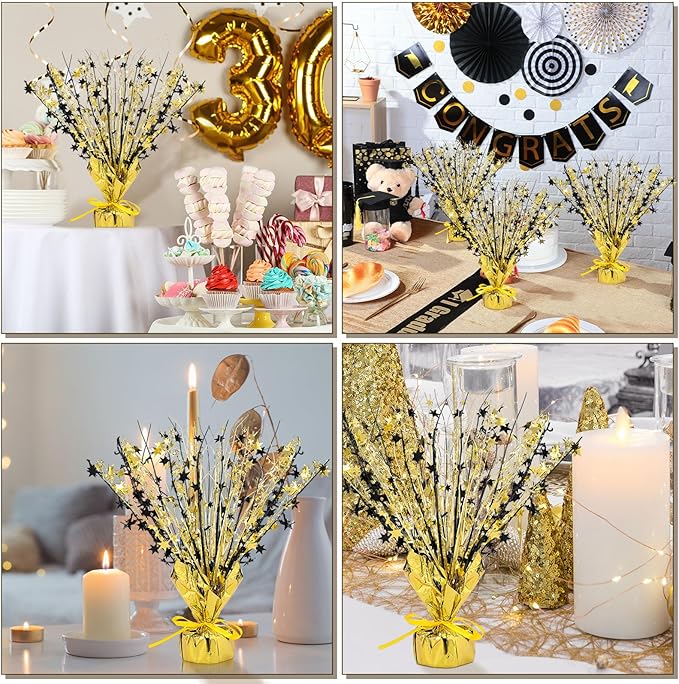 Crowye 18 Pcs Foil Spray Centerpiece Valentine's Day Table Decoration Winter Party Star Burst Metallic Table Centerpieces for Party Birthday Season Holiday(Black Gold)