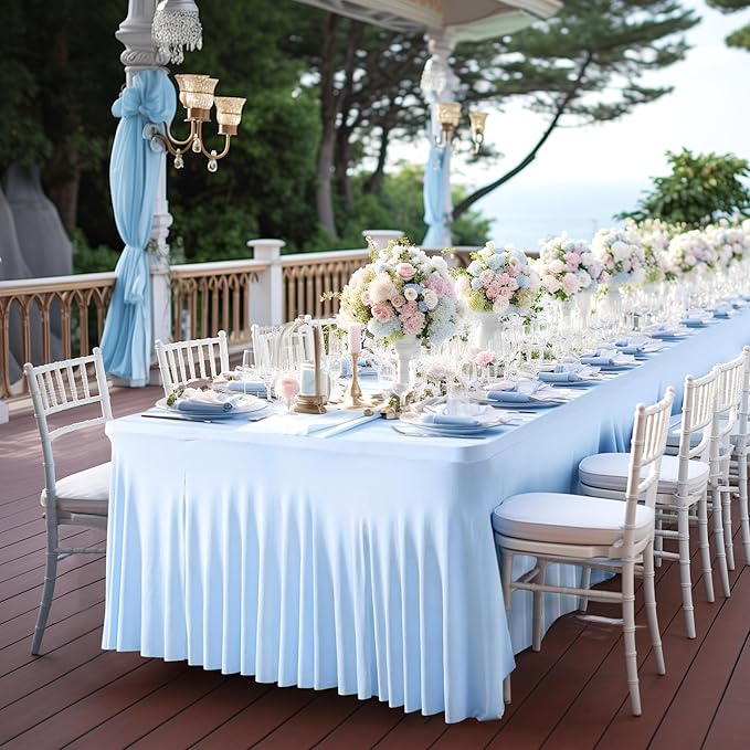 6 Packs Baby Blue Table Clothes for 8 Foot Rectangle Tables, One-Piece Wrinkle Resistant Stretch Spandex Table Covers with Skirt for Event Banquet Wedding Birthday Party