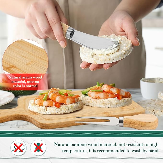 5 Sets Bridal Baby Shower Cheese Prizes Wooden Square Board Gift Set Knives Forks Thank You Tags with Box for Guests for Valentines Bridal Baby Shower Housewarming (Bamboo Color)