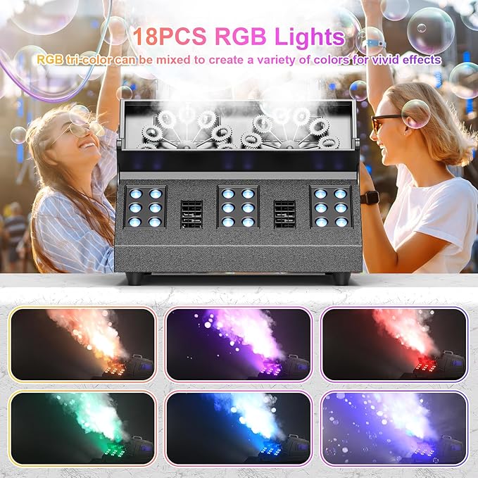 2000W Fog Machine, 3 in 1 Fog Bubble Machine with 2 Bubble Fans, 7 CH 18 RGB LED Lights Smoke Bubble All in 1 Machine, Fog Machine Stage Effect for Party, Halloween, Chrismas