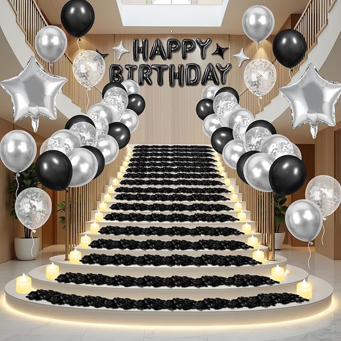 Black Happy Birthday Balloons Decorations Silver and Black Birthday Balloon Letters Banner with 6 Pcs Star Balloons Black Artificial Rose Petals 24 Flameless LED Candles for Room Birthday Party Decor