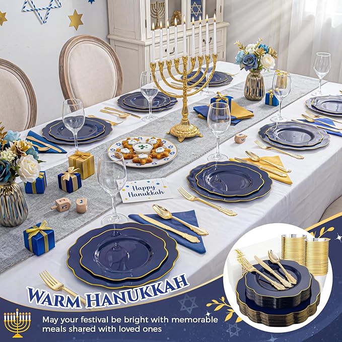 NOCCUR 175PCS Blue Plastic Plates with Disposable Silverware - Include 50 Blue Disposable Plates with Gold Rim,75 Gold Cutlery,25 Cups,25Napkins for Party/Wedding