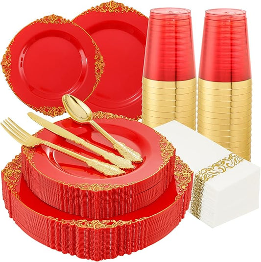 Morejoy 175PCS Red Plastic Plates,Red Disposable Plates With Gold Rim,Red and Gold Plastic Dinnerware Set Includes: 50 Plates,25 Silverware Sets,25 Cups,25 Napkins,Perfect for Party,Wedding,Christmas