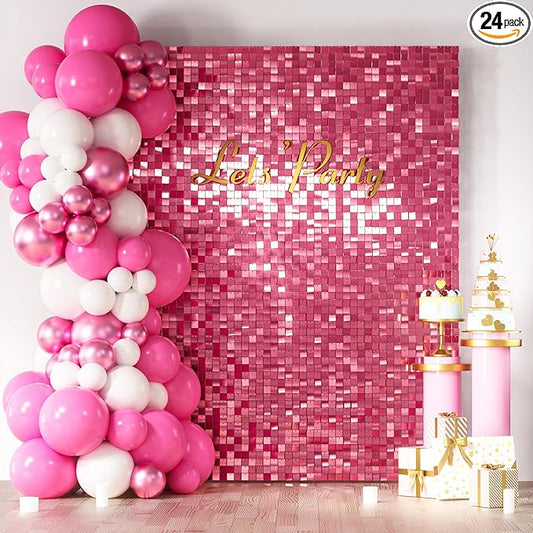 COKAOBE Pink Shimmer Wall Backdrop, 24PCS Square Sequin Shimmer Backdrop Panel, Photo Backdrops for Birthday, Anniversary, Wedding, Graduation & Bachelorette Party Decoration
