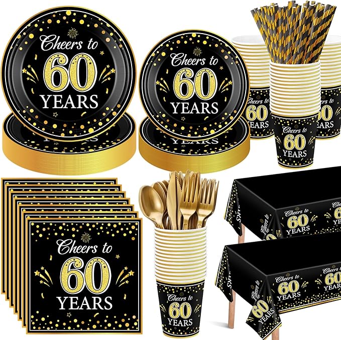452 Pcs 60th Anniversary Party Decorations, Cheers to 60 Years Paper Plates Napkins Cups Tablecloth Cutlery Straws Disposable Tableware Set for 60th Birthday Party Supplies for 50 Guests