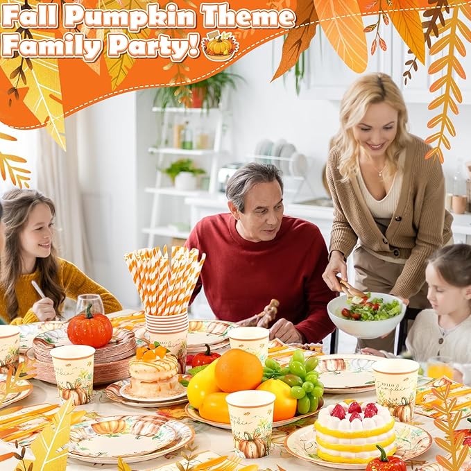 452 Pcs Hello Pumpkin Thanksgiving Fall Party Supplies for 50, Thanksgiving Pumpkins Paper Plates Napkins Cups Tablecloth Cutlery Straws for Autumn Harvest Birthday Baby Shower Decorations