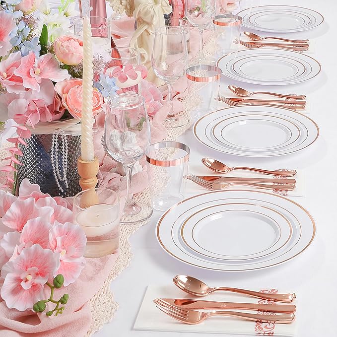 Supernal 200pcs Rose Gold Plastic Dinnerware included Disposable Flatware& Plastic Party Plates Disaposable Cups and Napkins,Perfect for Valentine's Day Mother's Day and Easter