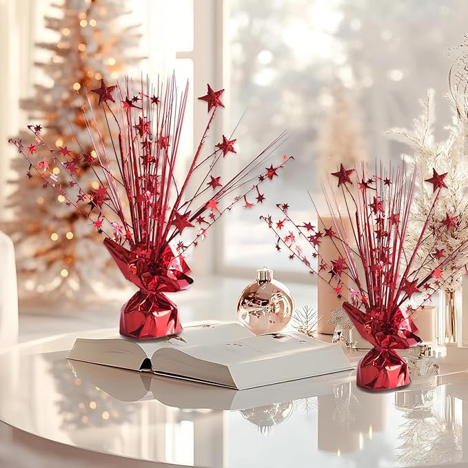 12 Pack Metallic Red Foil Spray Centerpieces Stars Brust Table Centerpieces for Wedding Birthday Anniversary Holiday Party Decor, Metallic Star Balloon Wights for Party, Table Decor for Party