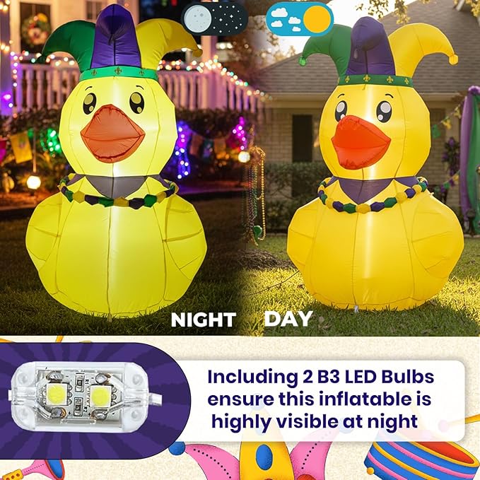 5FT Mardi Gras Duck Inflatable Yard Decorations, Mardi gras Decorations Outdoor with LED Lights, Carnival Duck Blow Up for Lawn and Garden