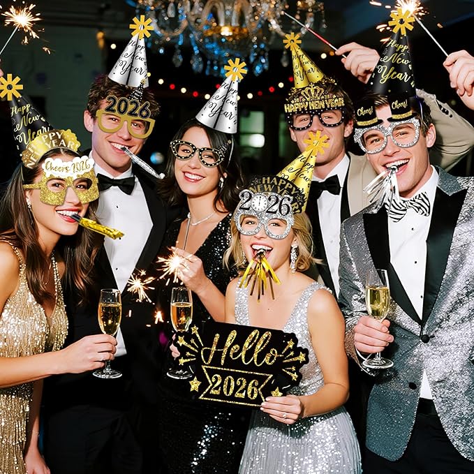 MOVINPE 2026 New Years Eve Party Supplies Bulk Set Serve 36, Cone Hats, Tiaras, Photo Booth Glasses Props, Squawkers, Blowouts, New Year's Party Favors Event Supplies for Kids Adults