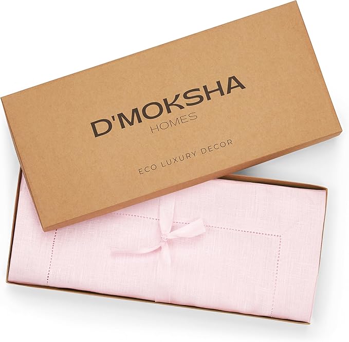 D'Moksha Homes Linen Pastel Pink Table Runner 120 Inches Long - 100% Pure Linen Hemstitch 14 x 120 Inch Table Runner for Dining, Valentines, Spring, Easter - Classic Hemstitch