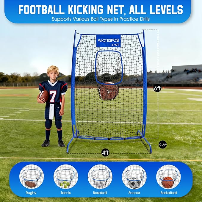 Football Throwing Net, Upgrade Heavy Duty Metal Frame Quarterback Training Equipment Throwing Machine with 1-4 Targets, Easy Setup Football Target Practice with CarryBag, Allweather Indoor Outdoor Use