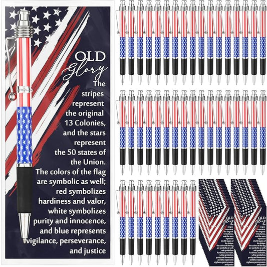 200 Sets American Flag Ballpoint Pens Bulk USA Patriotic Themed Black Ink Retractable Pen Stars Stripes Bookmarks Stationery Valentines Party Gifts for Home Office Army Veterans Souvenirs