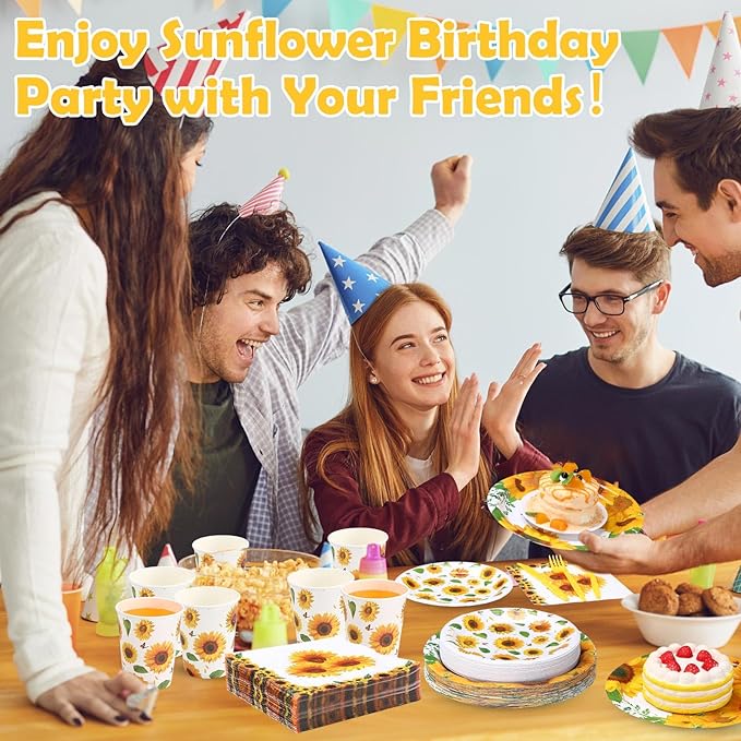 Pickmesh 400 Pcs Sunflower Party Supplies for 50 Guests Disposable Plates Napkins Cups Spoons Forks Knives for Birthday Wedding Bridal Shower Baby Shower Sunflower Table Decorations