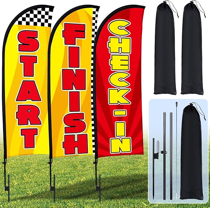 Buryeah 3 Feather Flag Start Advertising Banner Swooper Flag with Pole Kit and Ground Stake for Marathons and Special Events Outsid (12 ft,Red and Yellow)