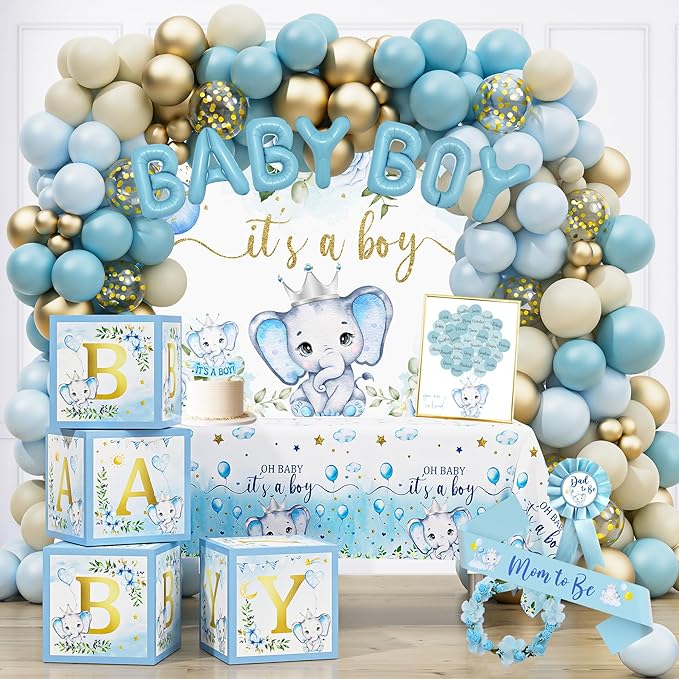 Elephant Baby Shower Decorations for Boy, Blue Elephant Baby Shower Party Supplies, It's a Boy Backdrop Tablecloth Elephant Balloon Arch BABY Box Mom to Be Sash Dad to Be Pin