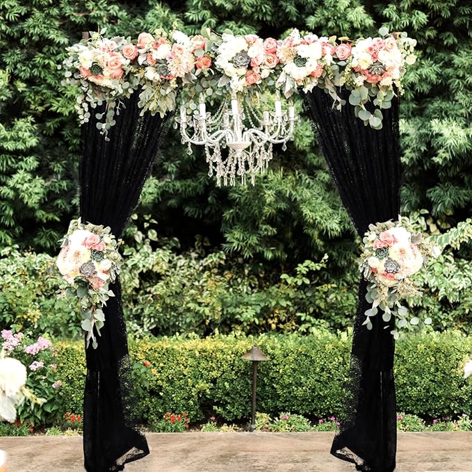 Fowecelt 5 Pack Black Lace Tablecloth 60 × 120 Inch for Rustic Boho Wedding Bridal Shower Party Decoration, Classy Rectangle Overlay Long Vintage Embroidered Reception Table Cloth Decor