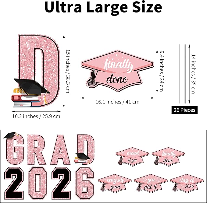Aneco Waterproof 2026 Grad Yard Signs Plastic Graduation Yard Signs Party Outdoor Lawn Decorations 16 Inches Glitter Congrats Grad Lawn Sign with Stakes for Outdoor Party Garden Decor (Pink)
