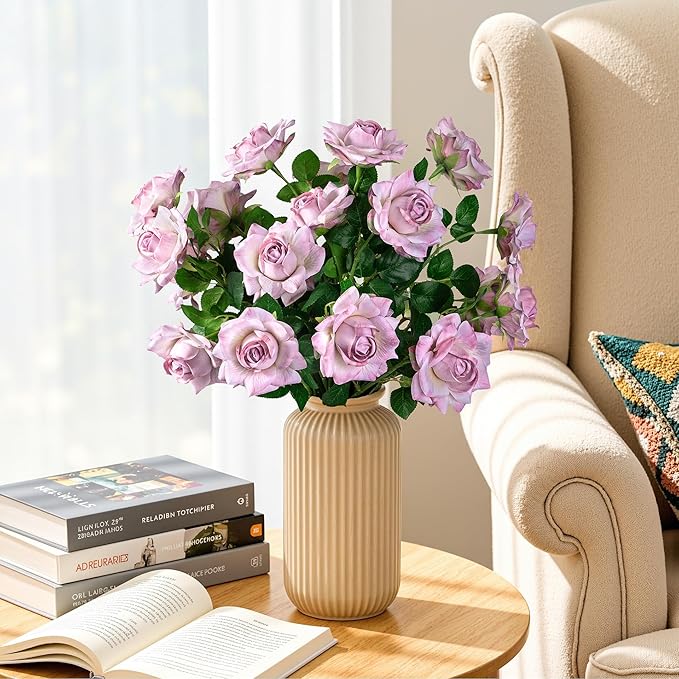 Artificial Flowers Artificial Roses Fake Roses 23.2In Long Stem Artificial Flowers for Tall Vase Silk Rose 20PCS Suitable for Wedding Party Decor Valentine's Day DIY Bouquet Spring (Purple)
