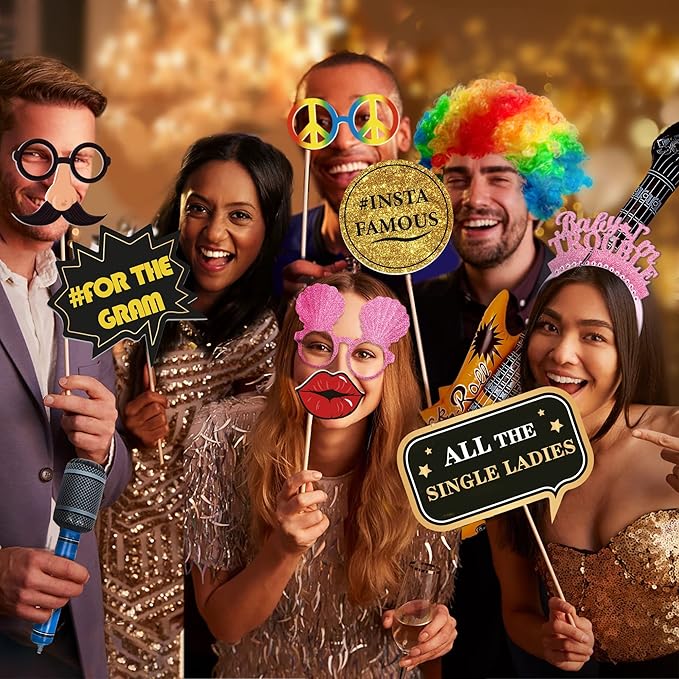SOUL SHIFT 70 Pc Large Premium Photo Booth Props Set for All Occasions - Wedding Props, Birthday Props, Graduation Prop, Inflatables, Large Glasses, Multi-Colored Wig, Hawaiian Lei, Hand Pump