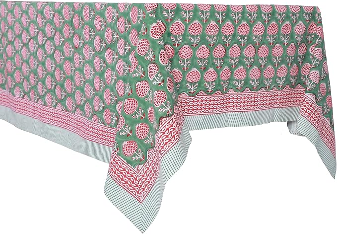 ATOSII Roma Green 100% Cotton Rectangle Spring Summer Tablecloth, Handblock Floral Table Cloth Linen for Kitchen Dining I Parties Wedding Outdoors Easter Picnics Holidays I 72 X 120 Inches I 10 Seater