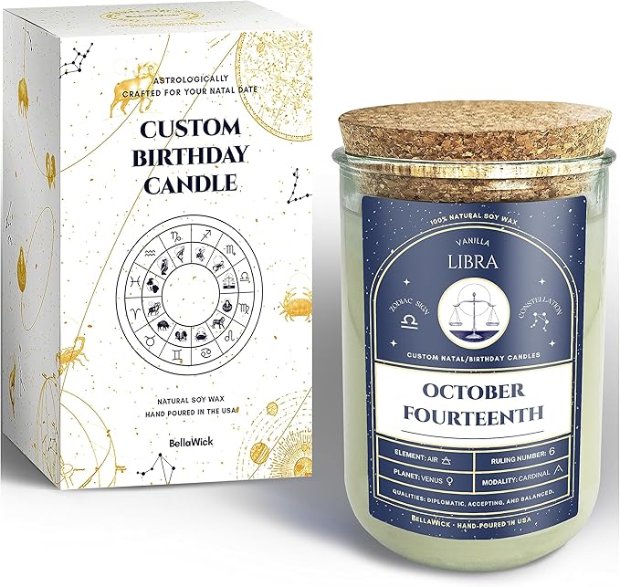 Birthday Candles - Custom Birthdate Astrological Zodiac Scented Candles. Astrology Gifts. All Natural Soy Wax. 75+ Hour Burn Time. Made in USA - October 14