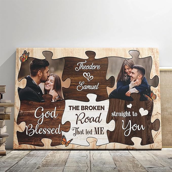 Dem Canvas Personalized Couple Canvas Prints, Custom Love Photo And Name, Puzzle Piece Frame God Blessed The Broken Road, Wedding Gifts For Couple Anniversary Engagement Gift For Couples