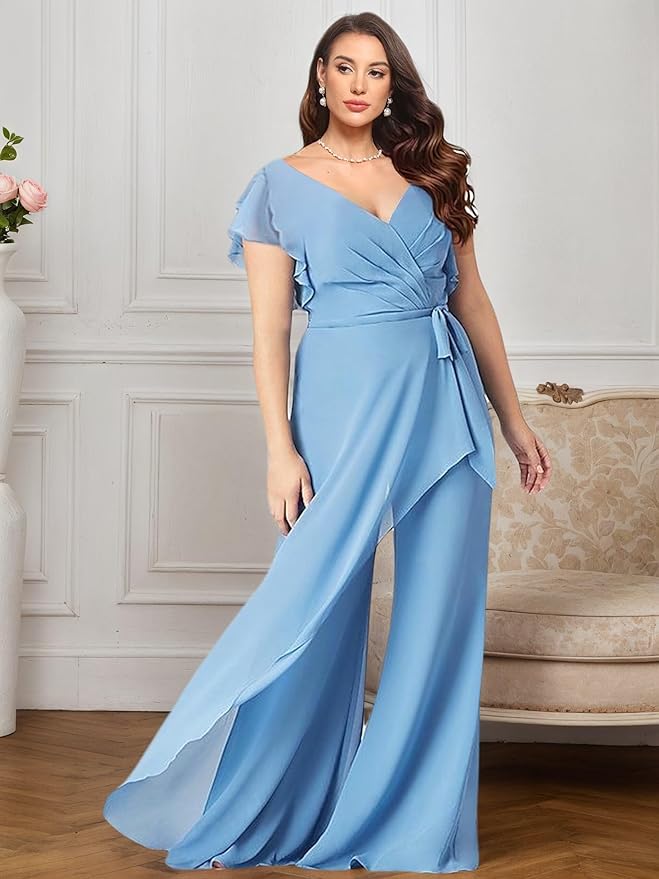 Chiffon Mother of The Bride Jumpsuits for Women Asymmetrical Pant Suits Flutter Sleeve V Neck Formal Evening Outfits