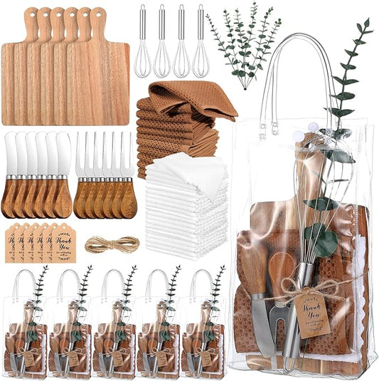 Patelai 6 Sets Baby Shower Prizes for Game Player Baby Shower Winners Gifts Cheese Boards Forks Knives Towels Whisks Artificial Eucalyptus Stems Bags Thank You Cards for Guests Bridal(Retro Color)