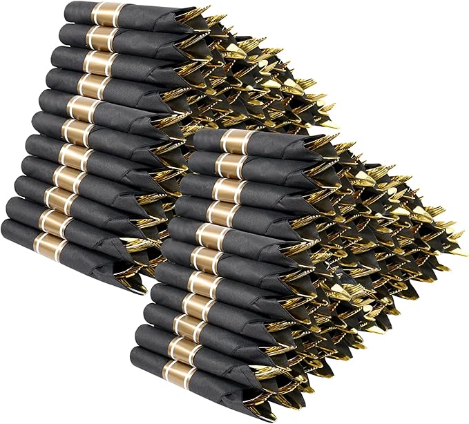 400 PCS Pre Rolled Cutlery Sets, Premium Gold Plastic Flatware Set Wrapped in Black Napkin, Disposable Cutlery Set with 100 Forks, 100 Knives, 100 Spoons, 100 Napkins for Wedding, Party, Dinner