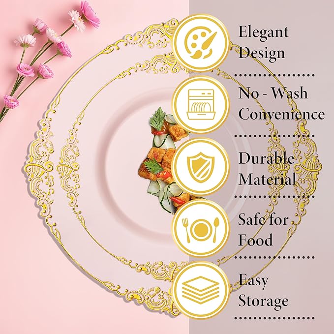 Nervure 100PCS Pink and Gold Plastic Plates - 10.25Inch Pink Disposable Plates - Plastic Dinner Plate for Weddings & Parties