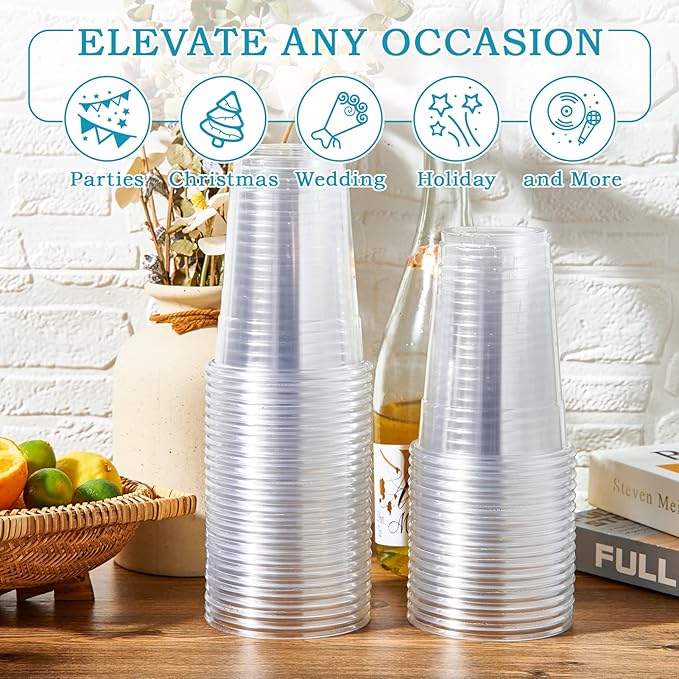 Turbo Bee 200Pack 16oz Disposable Plastic Cups,PET Crystal Plastic Water Party Cups,Clear Disposable Drinking Cups Ideal for Home, Office, Bars, Weddings,Anniversary, Parties