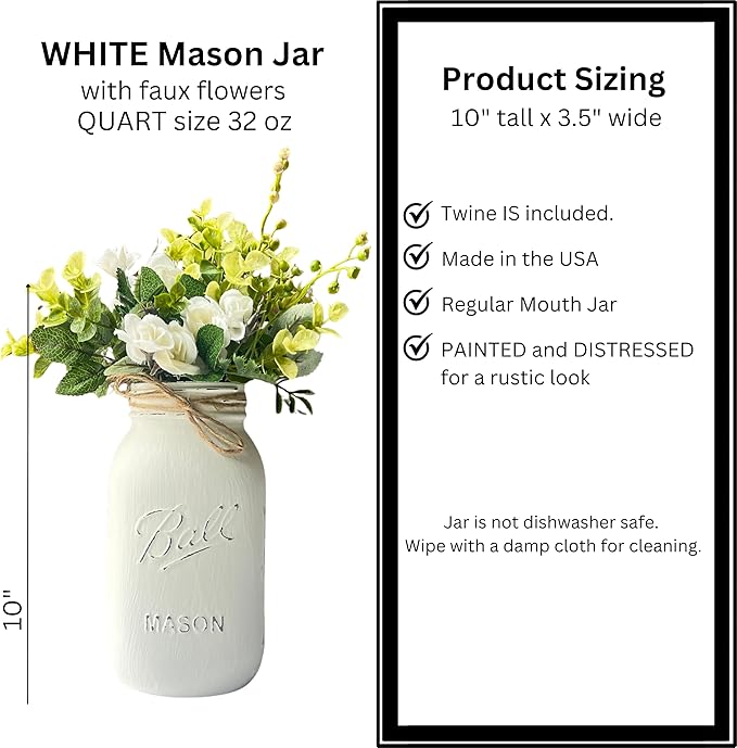 Wedding Centerpieces for Tables - White Mason Jars for Centerpieces for Table, Set of 5-32 oz Hand-Painted Mason Jars for Wedding, Baby Shower, Bridal Shower Centerpieces (5 White w/Greenery/Ivory)