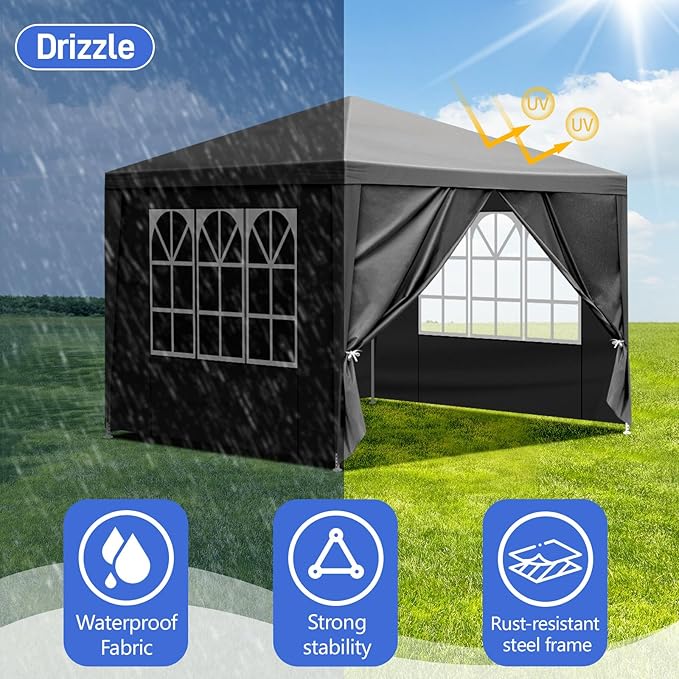 Party Tent for Outdoor Wedding, Birthday, Event, Patio Gazebo, Carport Canopy Shade With Removable Sidewalls & Transparent Window (10'x10'/4 Sidewalls Black)