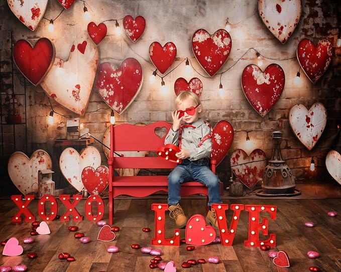 Kate Valentine Backdrop Red Love Heart Brick Wall Photo Background Valentine Chlidren Photo Booth Props, 7x5ft