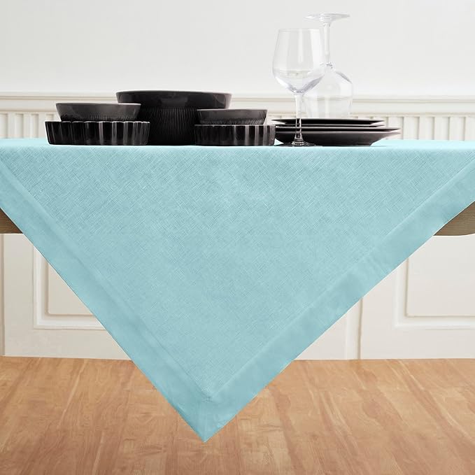 Solino Home Aqua Blue Linen Tablecloth 52 x 52 Inch - 100% Pure Linen Square Table Throw - Fete, Machine Washable Fabric Table Cloth for Winter, Spring, Easter