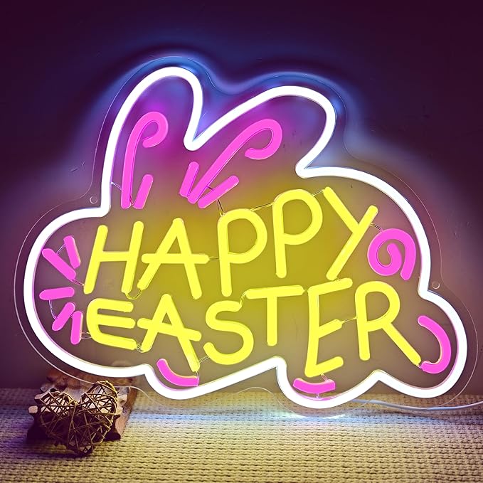 Happy Easter Neon Signs for Wall Decor, Bunny Light Up Sign, Happy Easter Home Wall Decoration for Bedroom, Bar, Kid Room Party Gifts