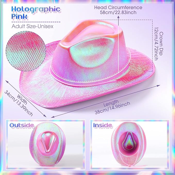 Coume 12 Pcs Cowboy Hat Sparkly Glitter Neon Cowgirl Hat for Women Holographic Space Cap for Bachelor Western Cowboy Party