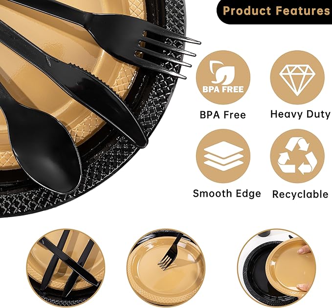 MirthMood 350PCS Black and Gold Plastic Plates,Black Disposable Plates –Plastic Plates Set Includes 50 Dinner,50 Dessert Plate,50 Cup&50 Napkins, 50 Black Silverware for Wedding& Parties